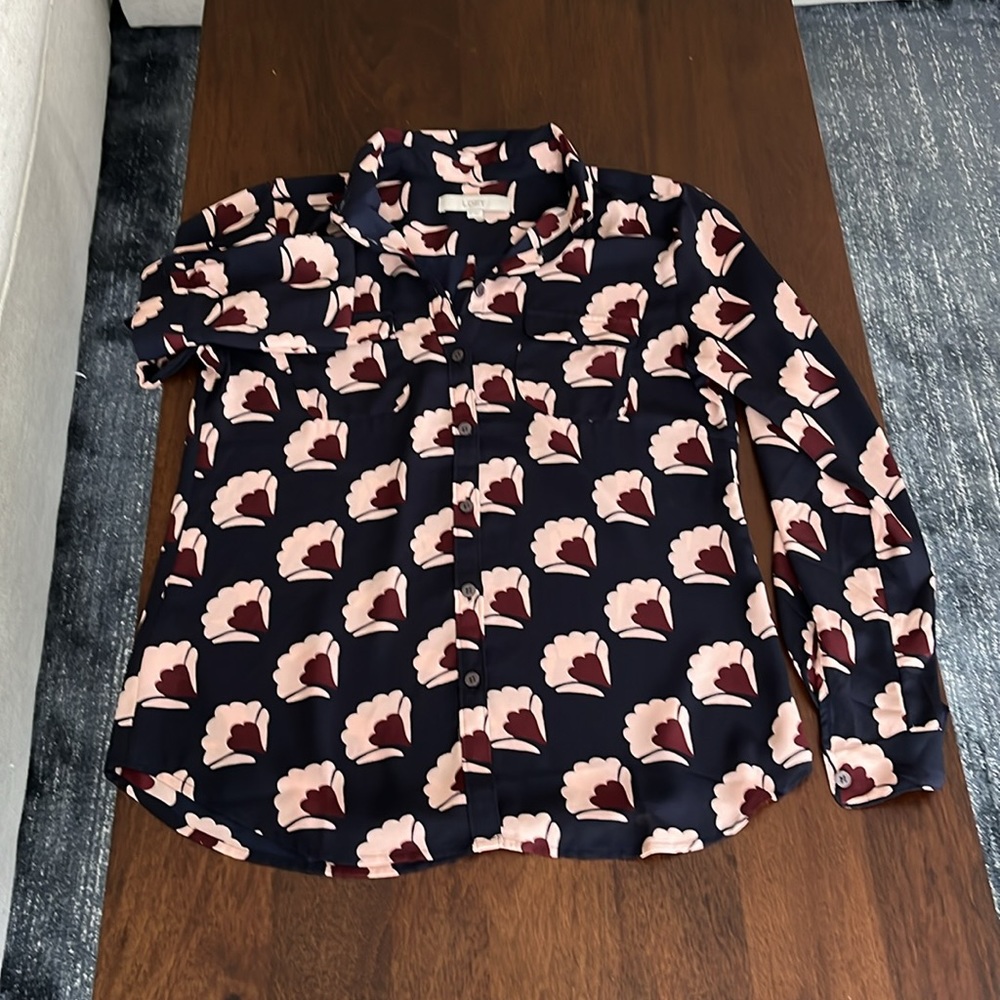 LOFT Long Sleeve Button-up Blouse - Blue with Maroon/Pink Flowers - Small